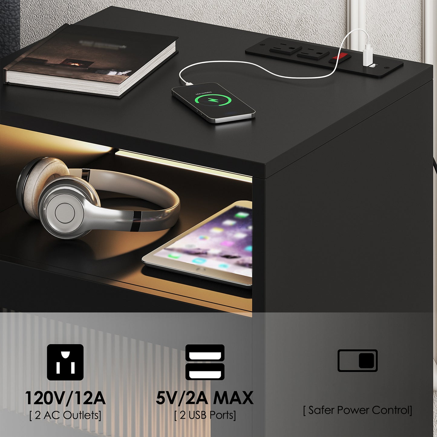 Wood Nightstand Nightstand With Charging Station & LED Lights | Bedside Table, End Table With Glass Drawers, File Cabinet For Home Wood Bedside Tables For Bedroom