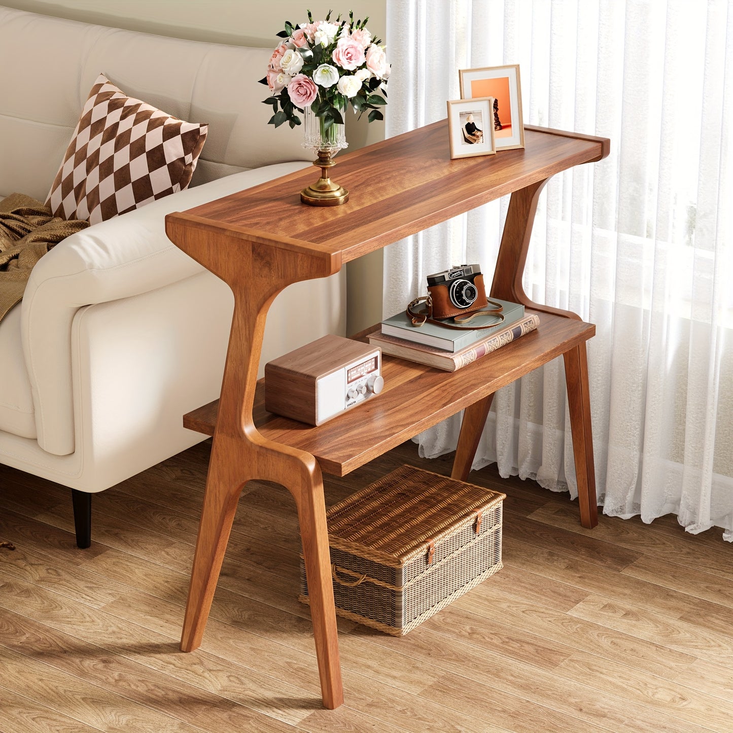 2-Tier End Table for Living Room, Farmhouse Slim Sofa Side Table with Wood Legs, Modern Tall End Table with Storage Shelf, Narrow Long Bedside Table, Nightstand for Bedroom, Living Room, Home Office, Walnut