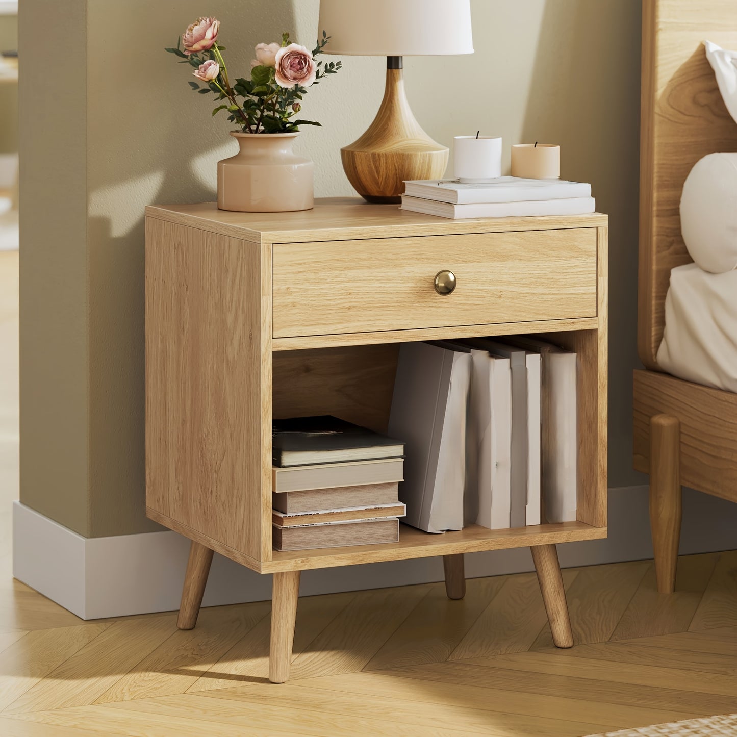 Space-Saving Nightstand with Drawer - Versatile Bedside Table with Open Compartment, Pine Wood Legs for Living Room & Bedroom Storage, Shower Caddies, Valentines Decorations Home Decor Furniture for Home and Mother's Day Decorations for Home