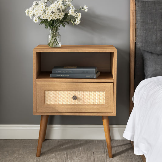 Rattan Nightstand with Charge Boho Rattan Nightstand - Wicker Stand with Drawer and Charge Station - Modern Bedside Table End Table