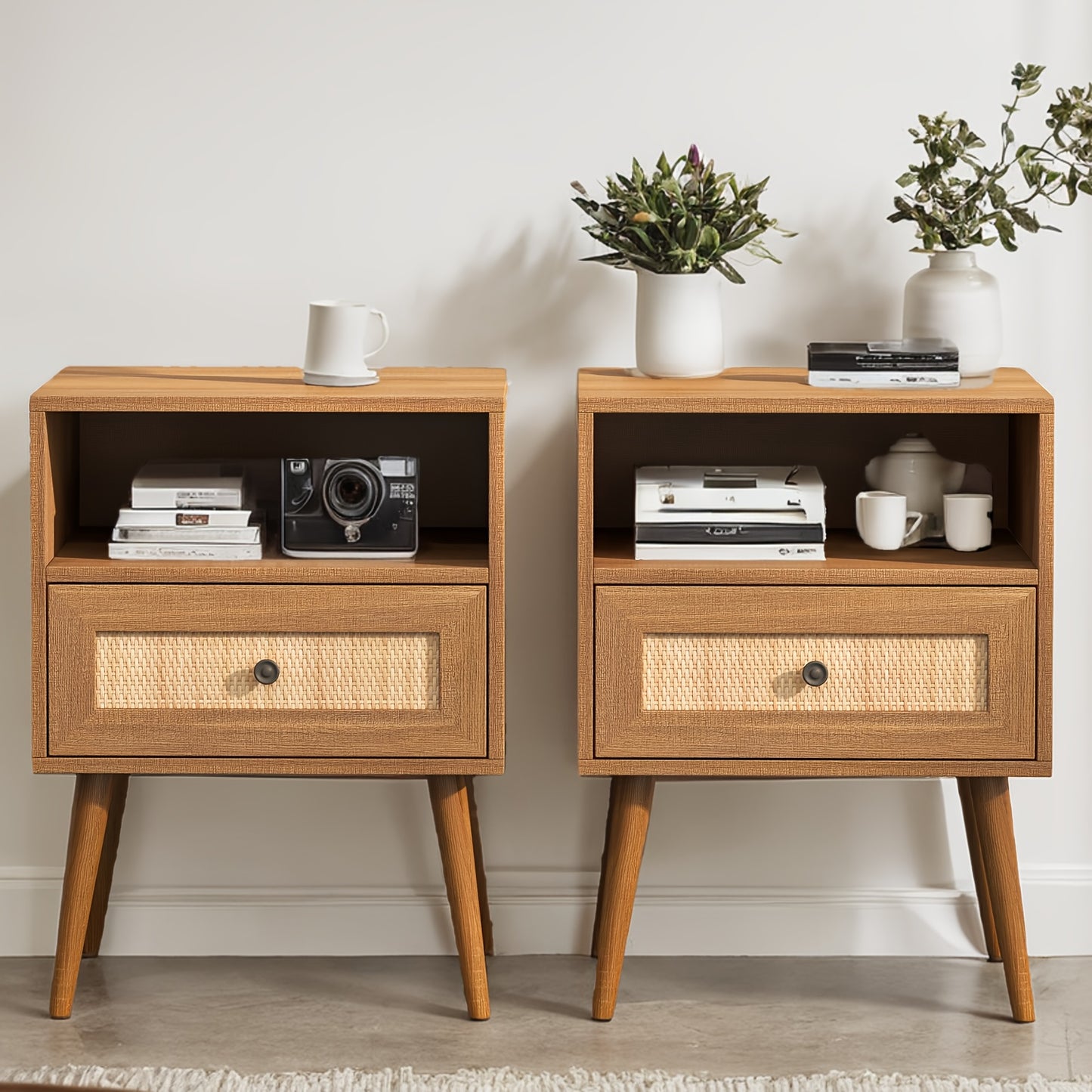 Rattan Nightstand with Charge Boho Rattan Nightstand - Wicker Stand with Drawer and Charge Station - Modern Bedside Table End Table