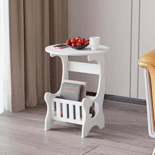 Smart Bedside Table, Portable Bedside Table, Height: 17.72 Inches. White Plastic Round Bedside Table with Magazine Rack, Portable Mini Bedside Table, Suitable for Home Use, 5 Functions, Can Hold Books, Data Cables, Water Cups, Mobile Phones, Tissues