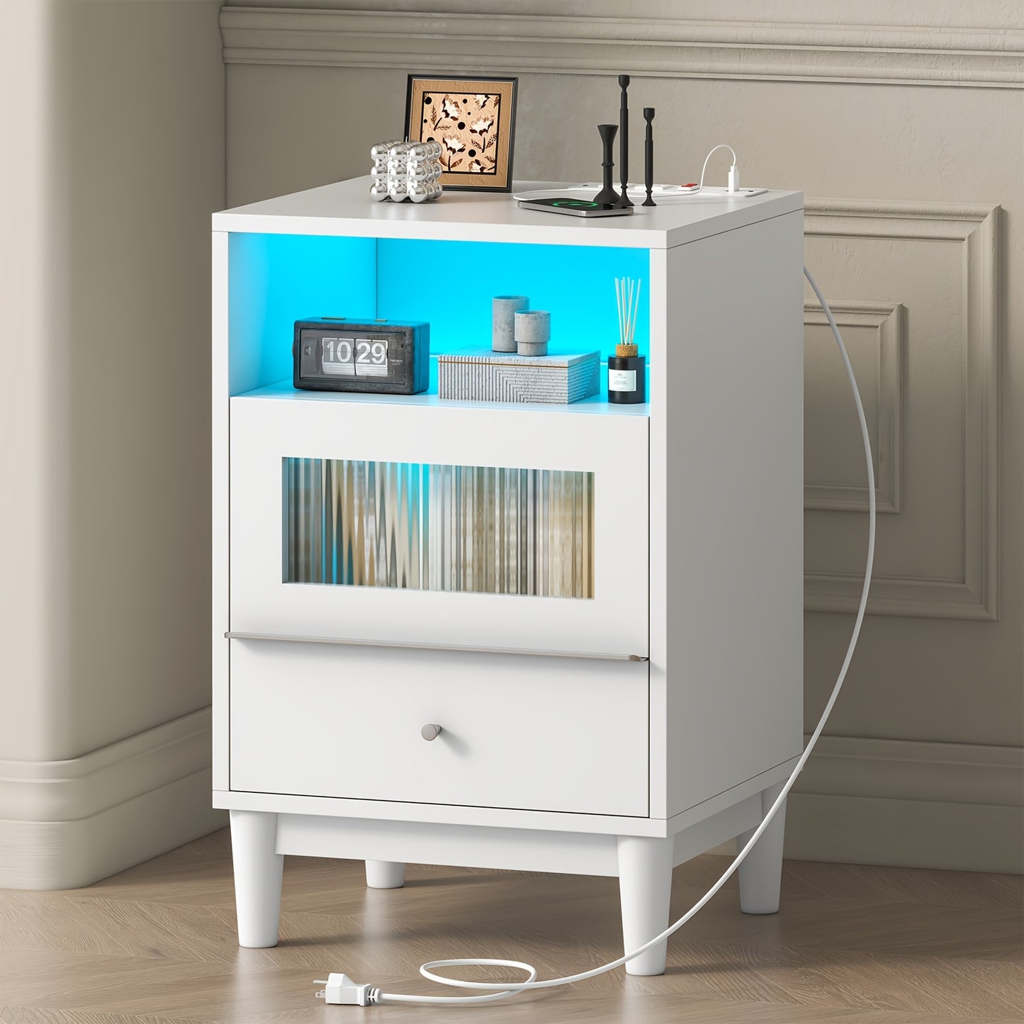 Wood Nightstand Nightstand With Charging Station & LED Lights | Bedside Table, End Table With Glass Drawers, File Cabinet For Home Wood Bedside Tables For Bedroom