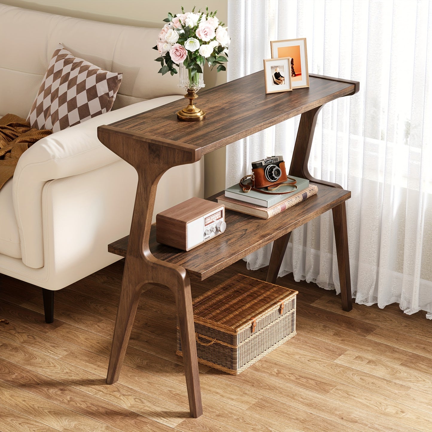 2-Tier End Table for Living Room, Farmhouse Slim Sofa Side Table with Wood Legs, Modern Tall End Table with Storage Shelf, Narrow Long Bedside Table, Nightstand for Bedroom, Living Room, Home Office, Walnut